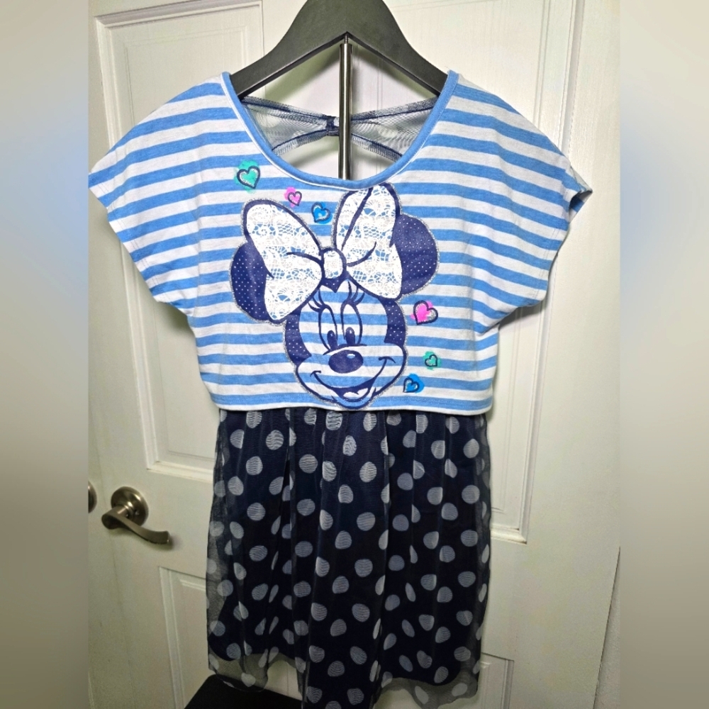 Minnie Mouse Disney Popover Polka Dot Striped Dress- Size Med (7/8)